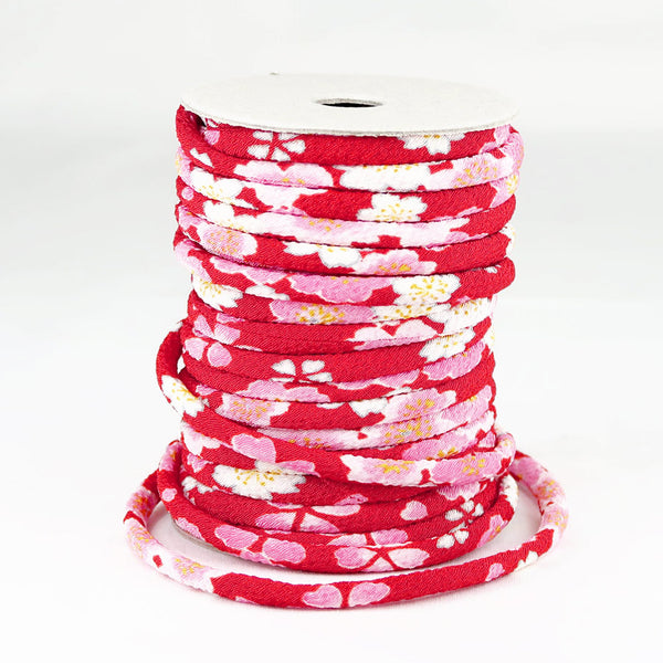 Chirimen Fabric Cord - 1/8in Spring Blossoms Red (Quantity) 1＝1yard