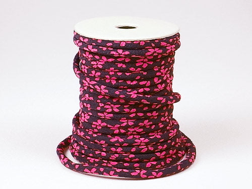 Chirimen Fabric Cord - 1/8in Pink Cherry Blossoms on Dark Navy (Quantity) 1＝1yard