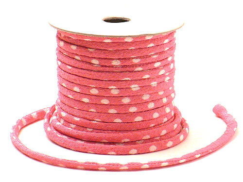 Chirimen Fabric Cord - 1/8in White Dots on Pink (Quantity) 1＝1yard