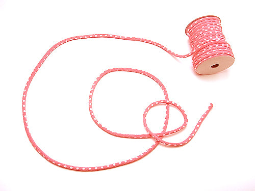 Chirimen Fabric Cord - 1/8in White Dots on Pink (Quantity) 1＝1yard