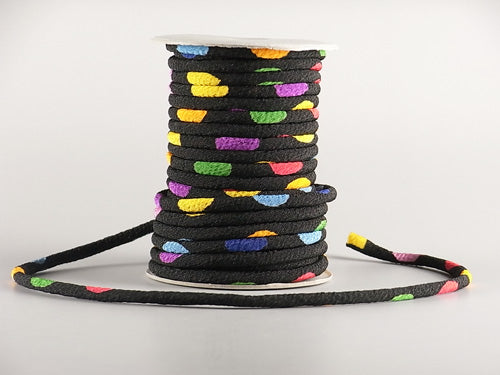 Chirimen Fabric Cord - 1/8in Colorful Dots on Black (Quantity) 1＝1yard