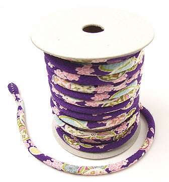 Chirimen Fabric Cord - 1/6in Tiny Cherry Blossoms on Purple (Quantity) 1＝1yard