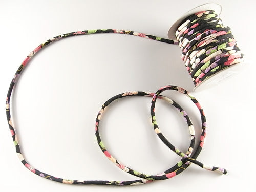 Chirimen Fabric Cord - 1/6in Colorful Cherry Blossoms on Water Black (Quantity) 1＝1yard