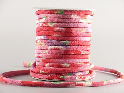 Chirimen Fabric Cord - 1/6in Cute Peonies Red/Dark Pink (Quantity) 1＝1yard