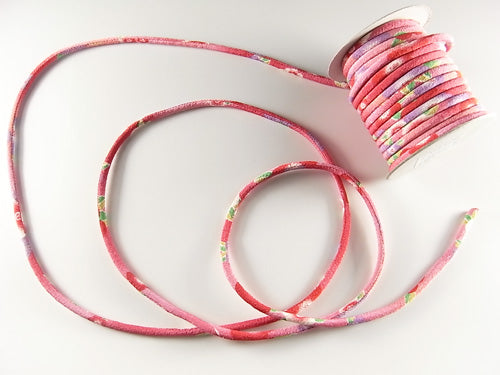 Chirimen Fabric Cord - 1/6in Cute Peonies Red/Dark Pink (Quantity) 1＝1yard