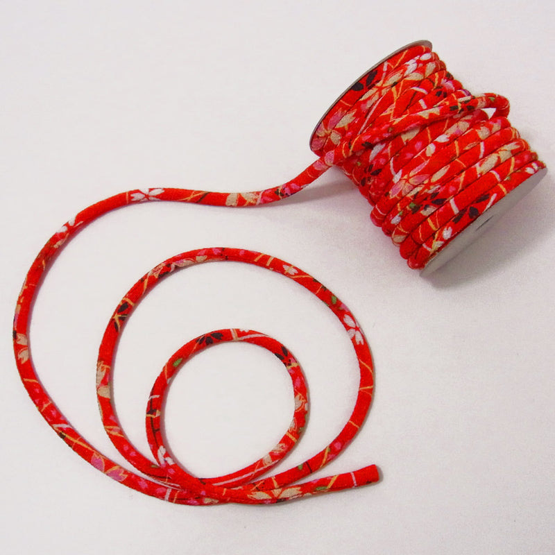 Chirimen Fabric Cord - 1/6in Perky Cherry Blossoms Red (Quantity) 1＝1yard