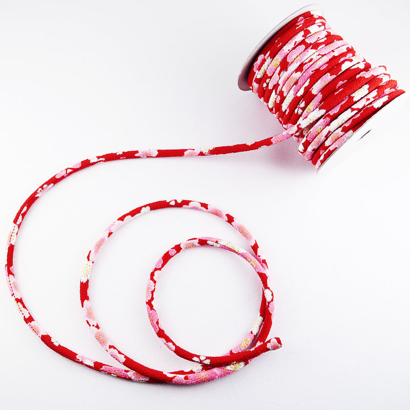 Chirimen Fabric Cord - 1/9in Spring Blossoms Red (Quantity) 1＝1yard