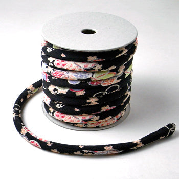 Chirimen Fabric Cord - 1/3in Tiny Cherry Blossoms on Black (Quantity) 1＝1yard