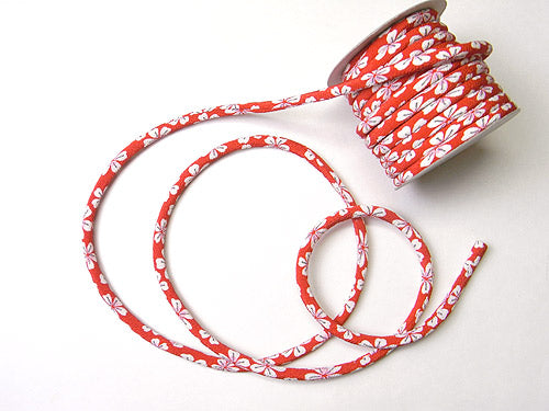 Chirimen Fabric Cord - 1/3in Romantic Cherry Blossoms on Red (Quantity) 1＝1yard