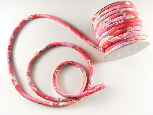 Chirimen Fabric Cord - 1/3in Cute Peonies Red/Dark Pink (Quantity) 1＝1yard