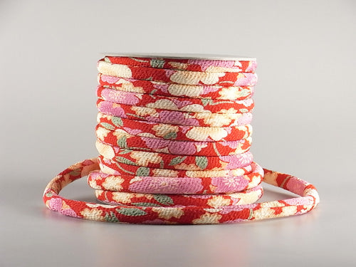 Chirimen Fabric Cord - 1/3in Double Cherry Blossoms in Red (Quantity) 1＝1yard