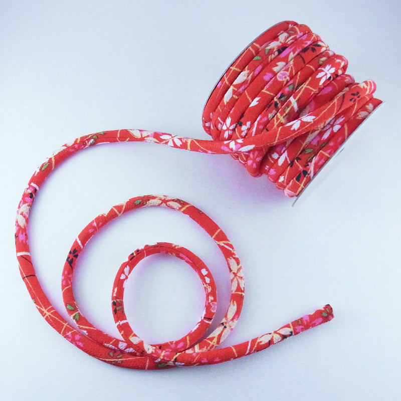 Chirimen Fabric Cord - 1/3in Perky Cherry Blossoms Red (Quantity) 1＝1yard