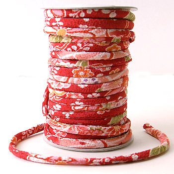Chirimen Fabric Cord - 1/6in Four Seasons Flowers on Red (Quantity) 1＝1yard