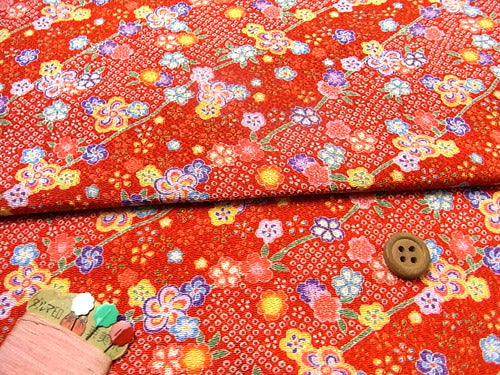 Japanese Blossoms on Dots - Red (Length) 1＝0.25yard