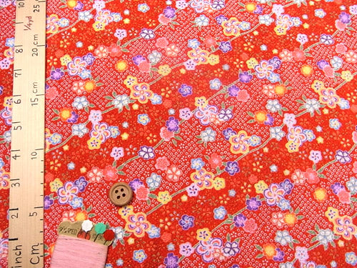 Japanese Blossoms on Dots - Red (Length) 1＝0.25yard