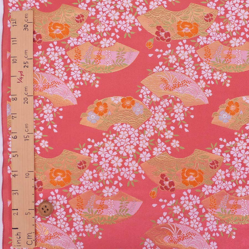 Nishijin-ori Brocade Japanese Fan Paper with Cherry Blossoms - Coral Pink (Length) 1＝0.25yard