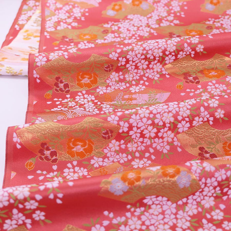 Nishijin-ori Brocade Japanese Fan Paper with Cherry Blossoms - Coral Pink (Length) 1＝0.25yard
