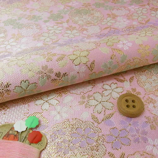 Nishijin-ori Brocade Japanese Flowers & Snow Ring Patterns - Pink (Length) 1＝0.25yard
