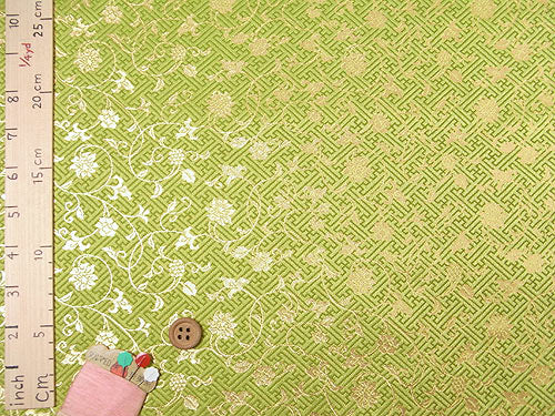 Nishijin-ori Brocade Arabesque Floral on Geometric Pattern - Yellow Green (Length) 1＝0.25yard