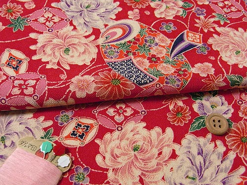 Japanese Magnificent Flowers on Red (Length) 1＝0.25yard