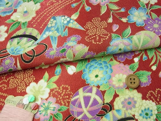 Japanese Flowers with Paper Cranes - Wine Red (Length) 1＝0.25yard