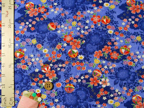 Shadowy Cherry Blossoms with Temari Ball on Blue (Length) 1＝0.25yard