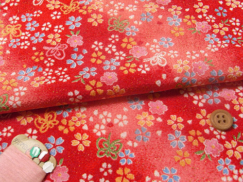 Cherry Blossoms and Fluffy Butterflies on Red (Length) 1＝0.25yard