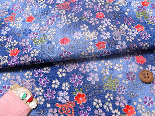 Cherry Blossoms and Fluffy Butterflies on Blue (Length) 1＝0.25yard