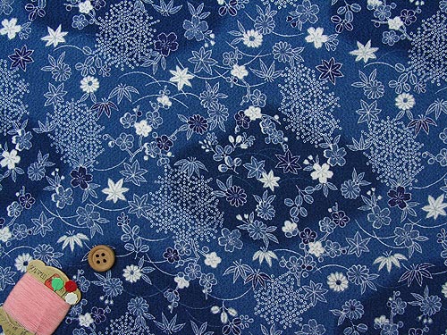Garden Flowers & Star Pattern - Indigo-Dye Style (Length) 1＝0.25yard