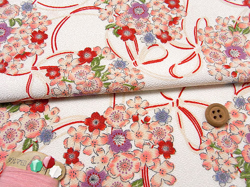 Polyester Chirimen Crepe Cherry Bouquet in White (Length) 1＝0.25yard