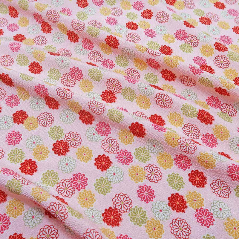 Polyester Chirimen Crepe Small Colorful Mums on Pink (Length) 1＝0.25yard