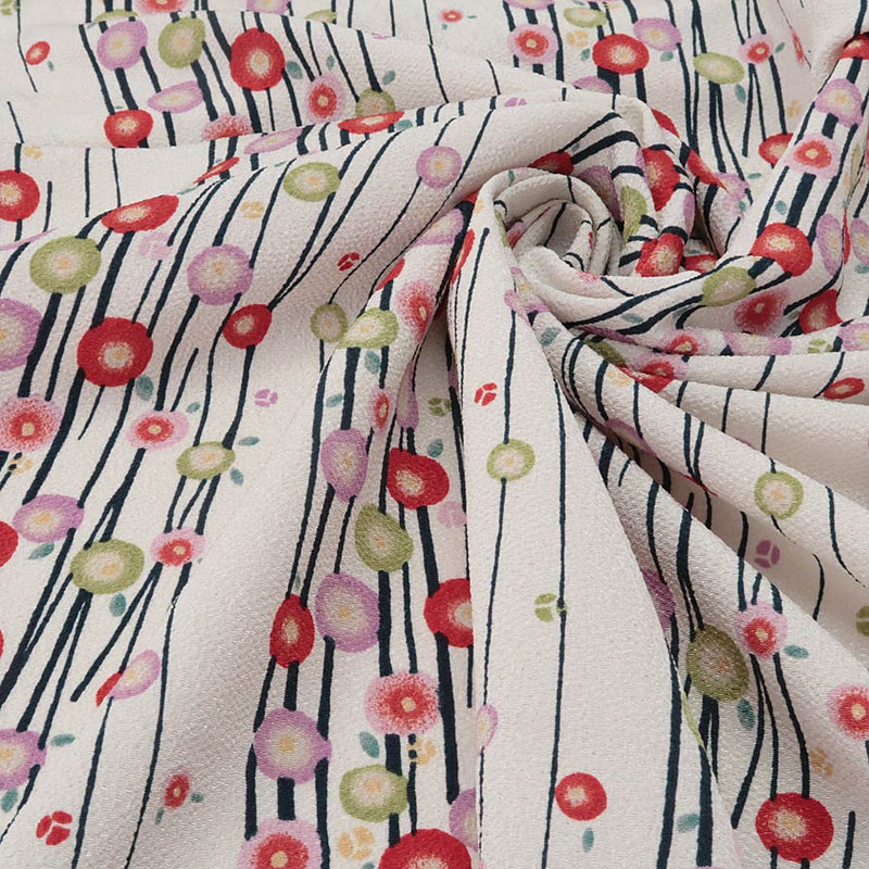 Polyester Chirimen Crepe Small Round Peonies on Ivory (Length) 1＝0.25yard