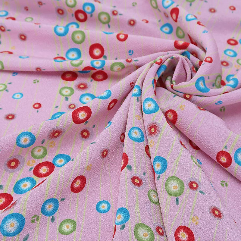 Polyester Chirimen Crepe Small Round Peonies on Pink (Length) 1＝0.25yard