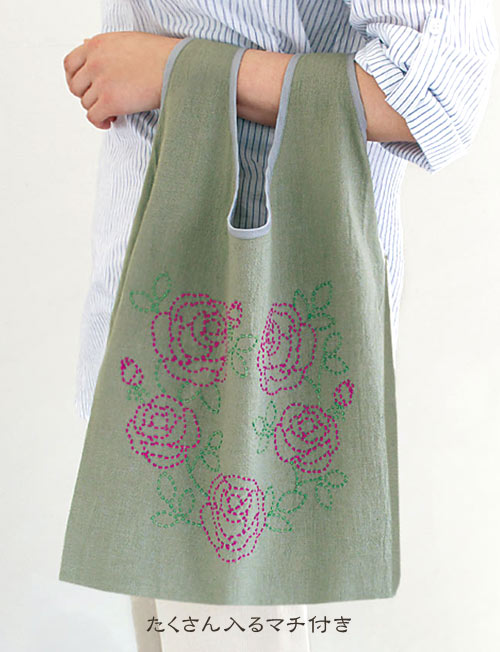 Sashiko Shopping Bag Kit - Rose Wreath